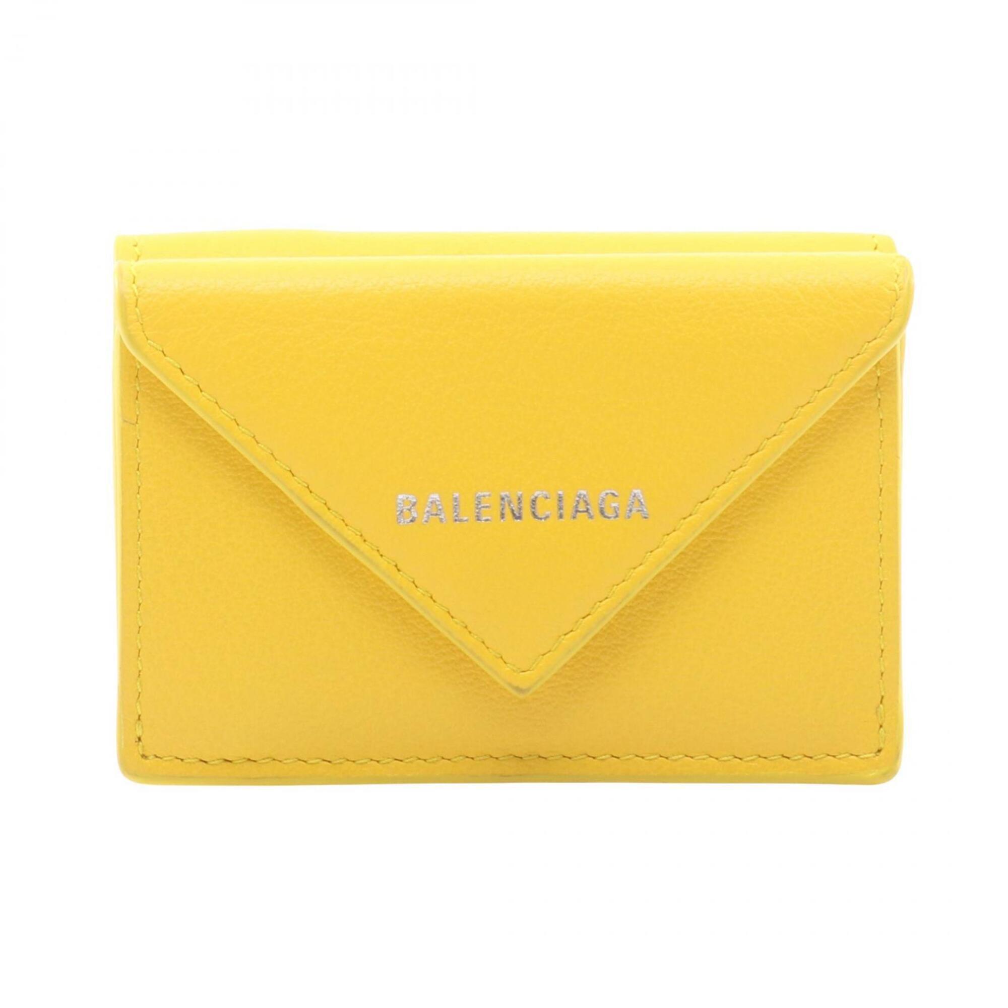 Balenciaga Paper Mini Wallet, Tri-Fold Leather, Women's, Yellow, 391446